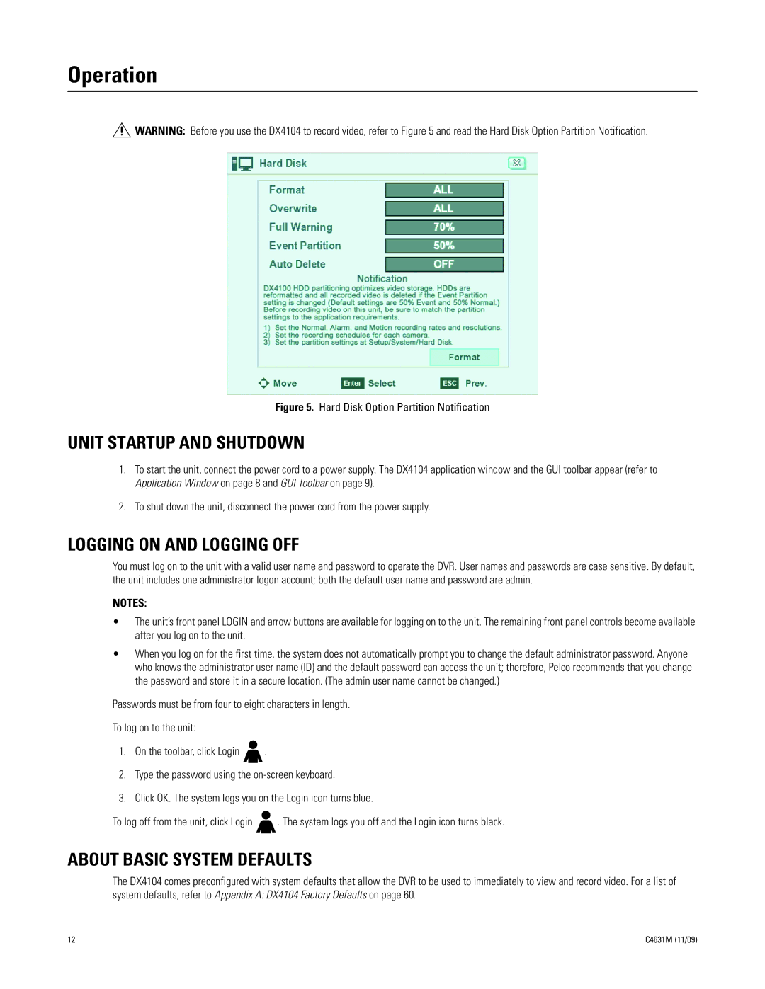 Pelco C4631M manual Operation, Unit Startup and Shutdown, Logging on and Logging OFF, About Basic System Defaults 