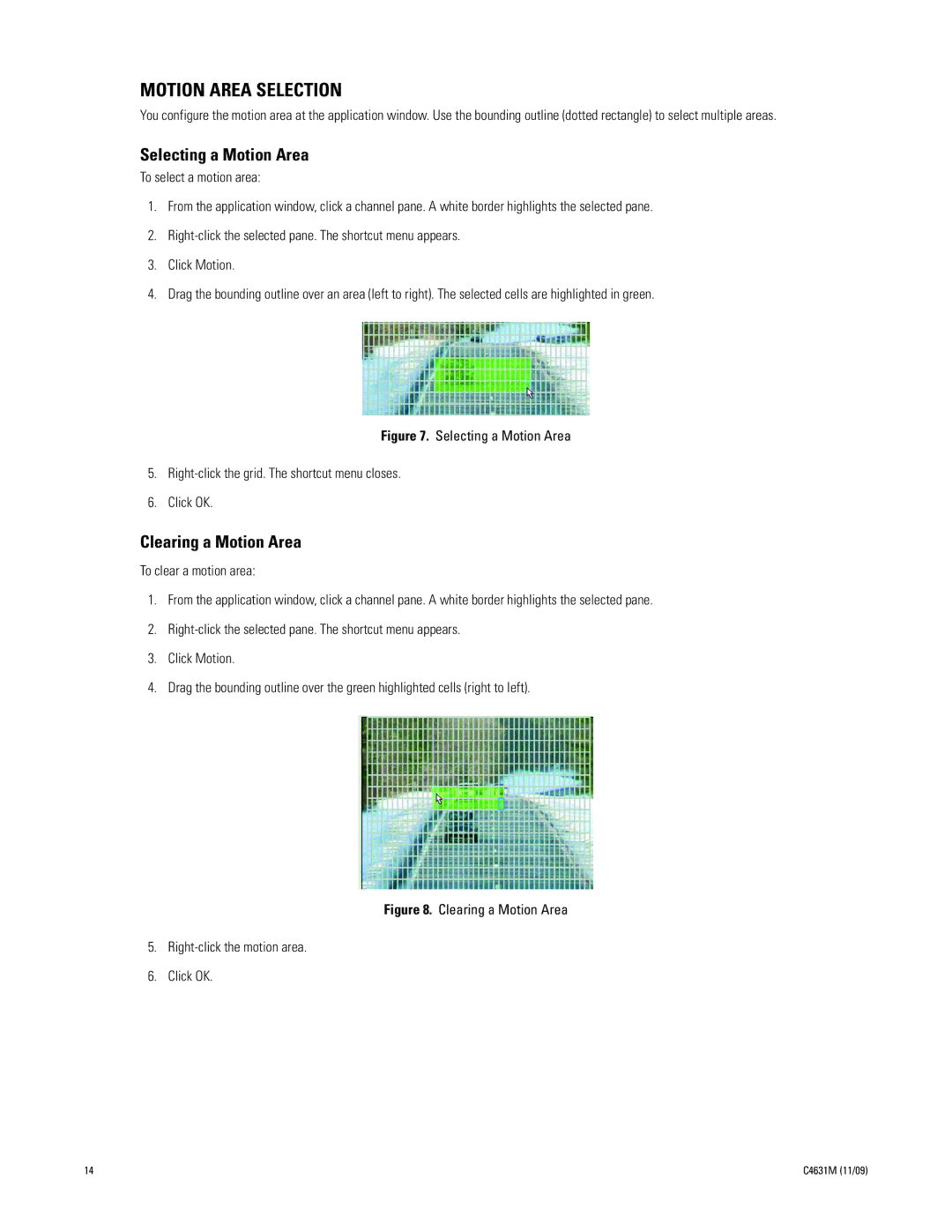Pelco C4631M manual Motion Area Selection, Selecting a Motion Area, Clearing a Motion Area 