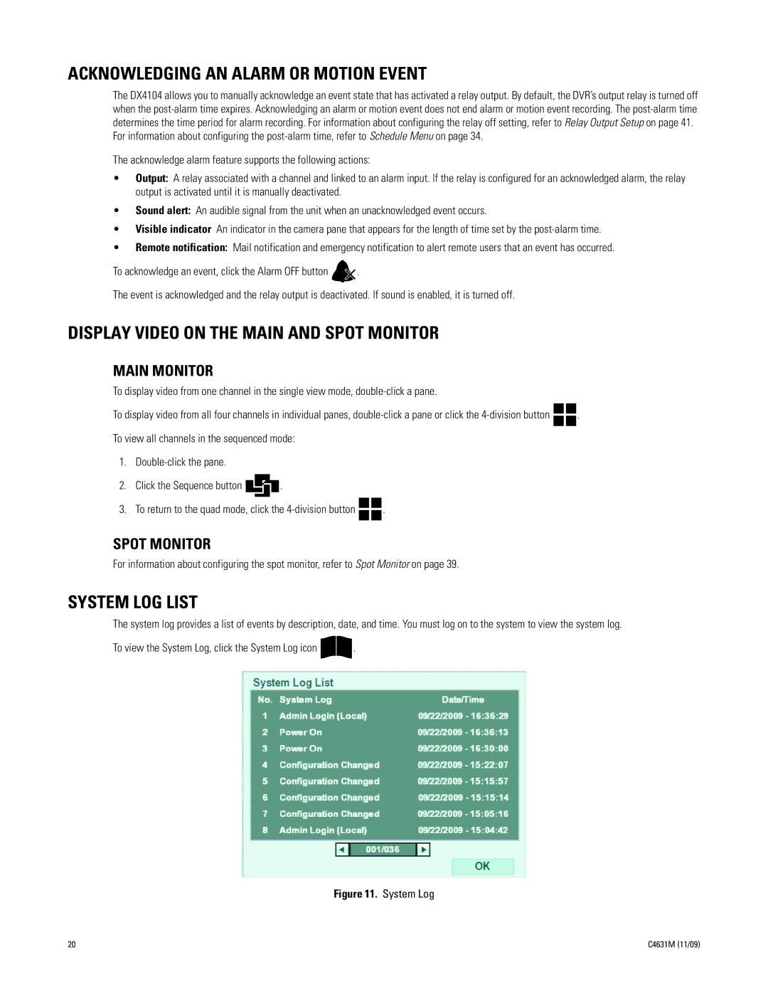 Pelco C4631M manual Acknowledging AN Alarm or Motion Event, Display Video on the Main and Spot Monitor, System LOG List 