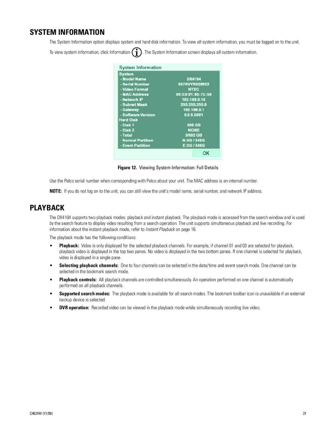 Pelco C4631M manual System Information, Playback 