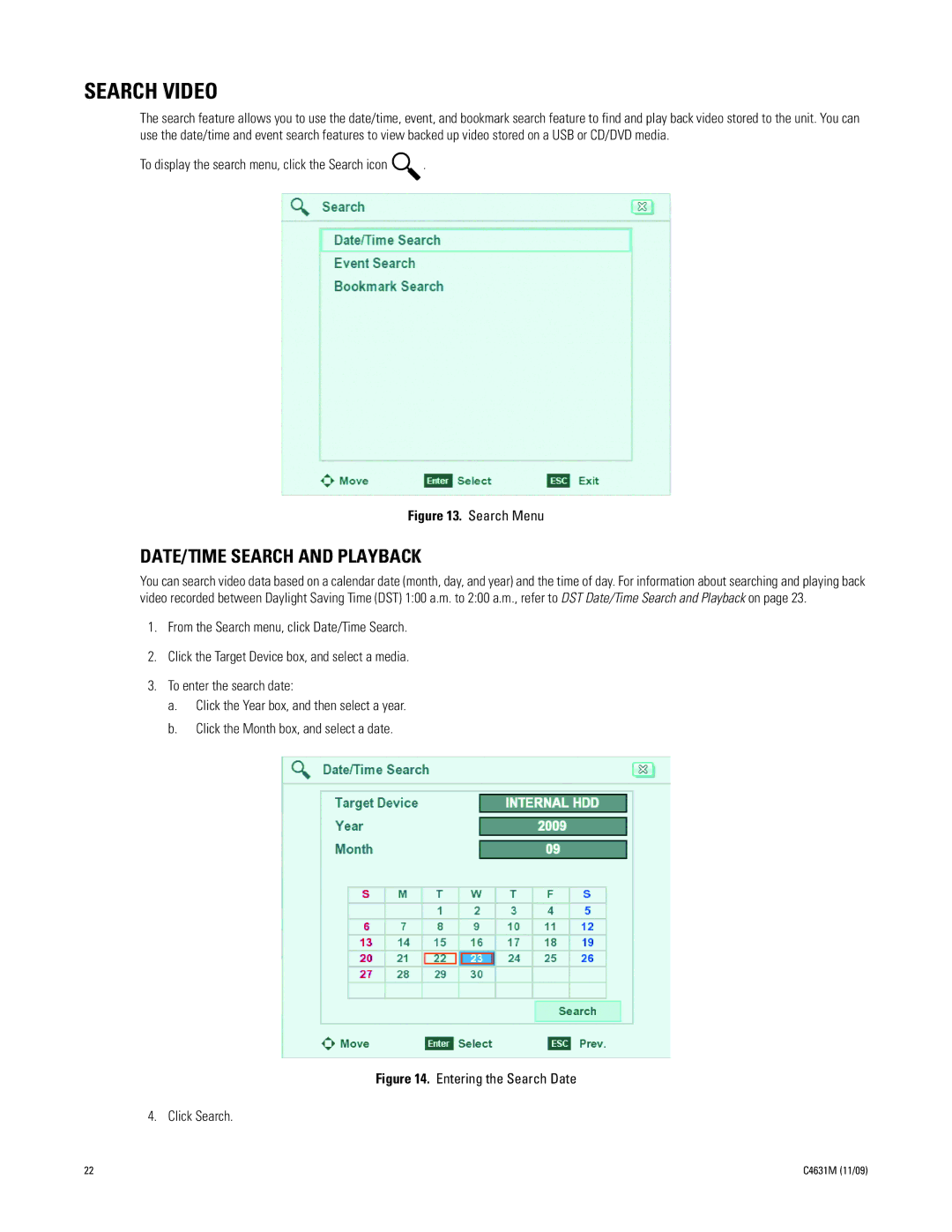 Pelco C4631M manual Search Video, DATE/TIME Search and Playback 