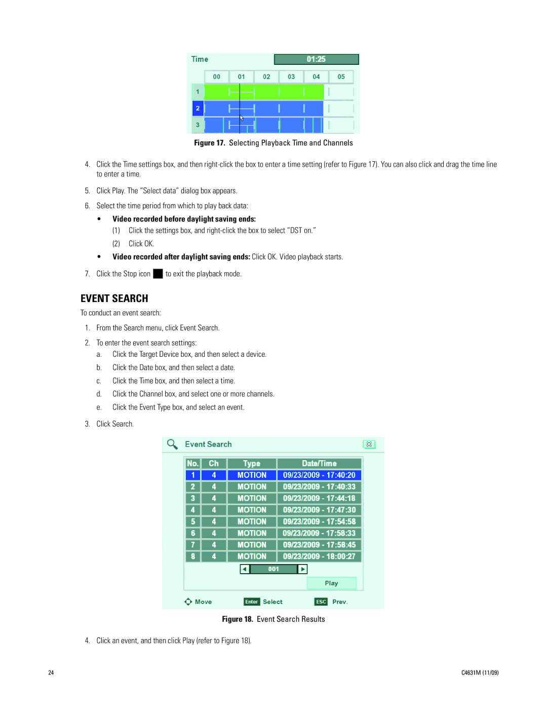 Pelco C4631M manual Event Search, Video recorded before daylight saving ends 