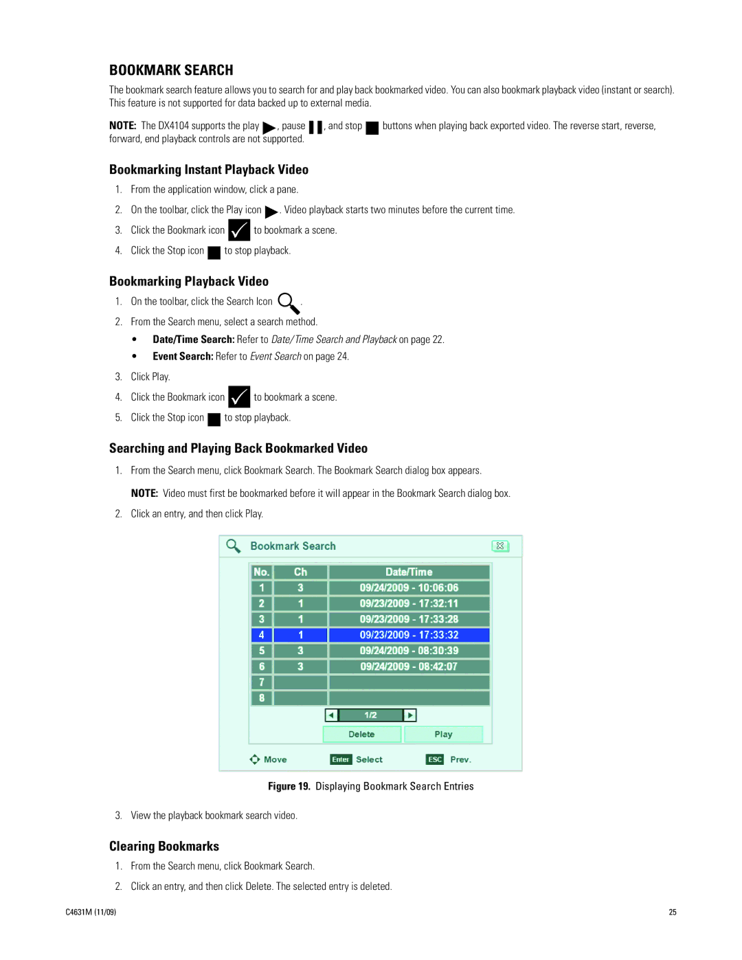 Pelco C4631M manual Bookmark Search, Bookmarking Instant Playback Video, Bookmarking Playback Video, Clearing Bookmarks 