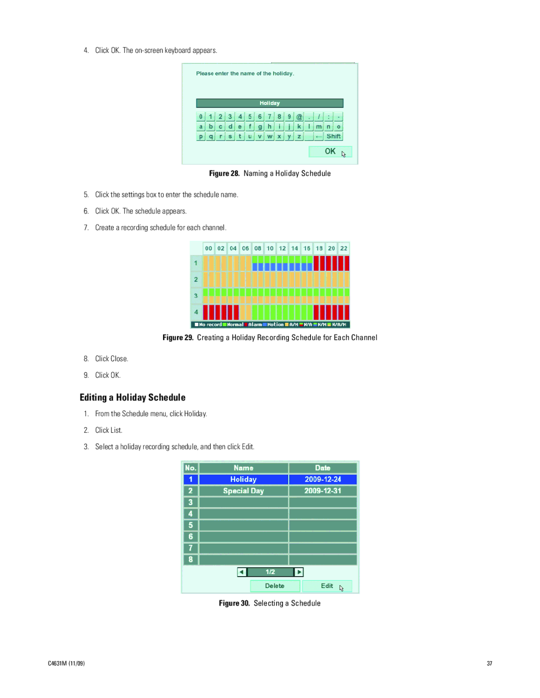 Pelco C4631M manual Editing a Holiday Schedule, Selecting a Schedule 