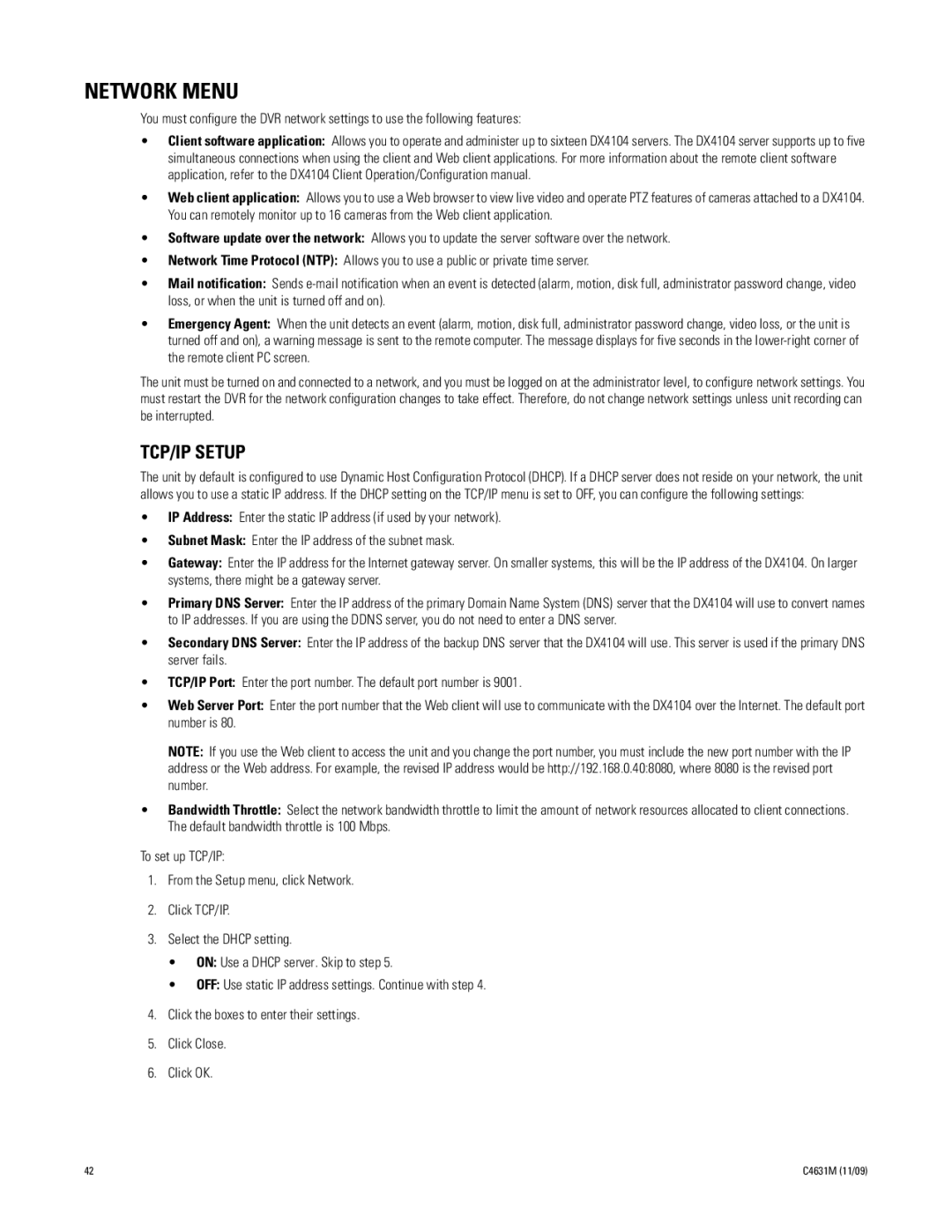 Pelco C4631M manual Network Menu, TCP/IP Setup 