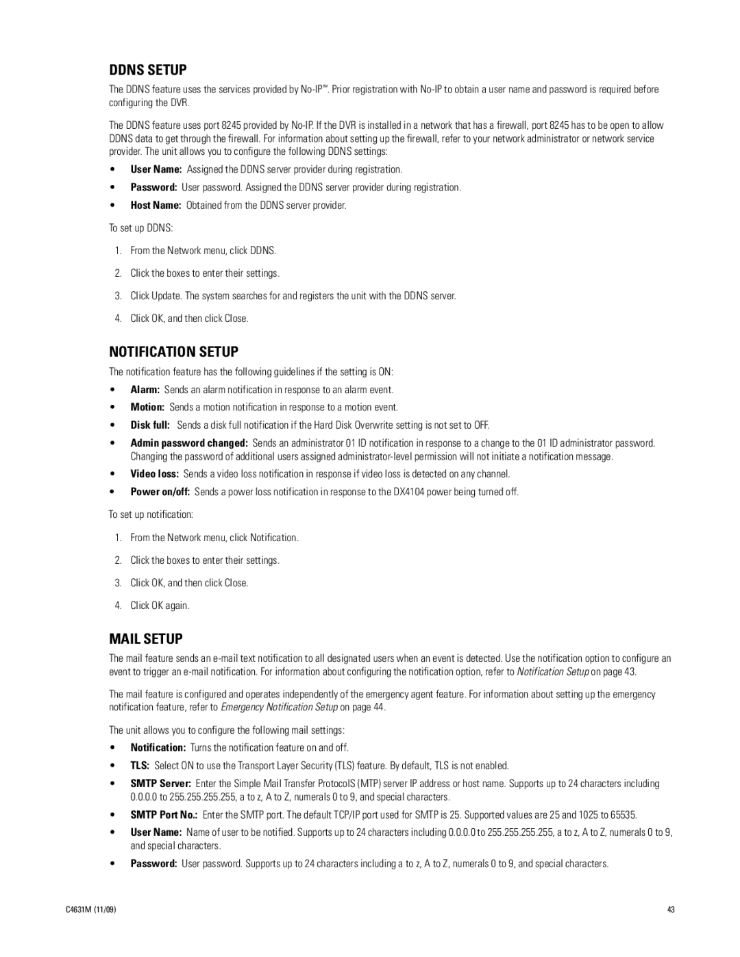 Pelco C4631M manual Ddns Setup, Notification Setup, Mail Setup 