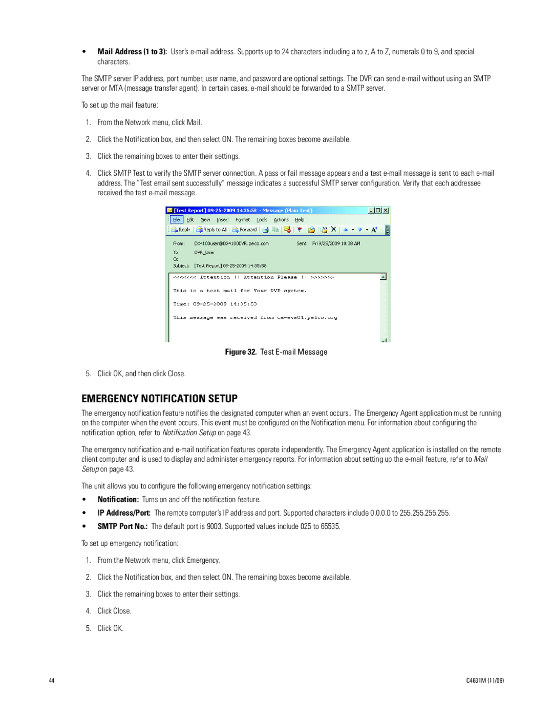 Pelco C4631M manual Emergency Notification Setup, Test E-mail Message Click OK, and then click Close 