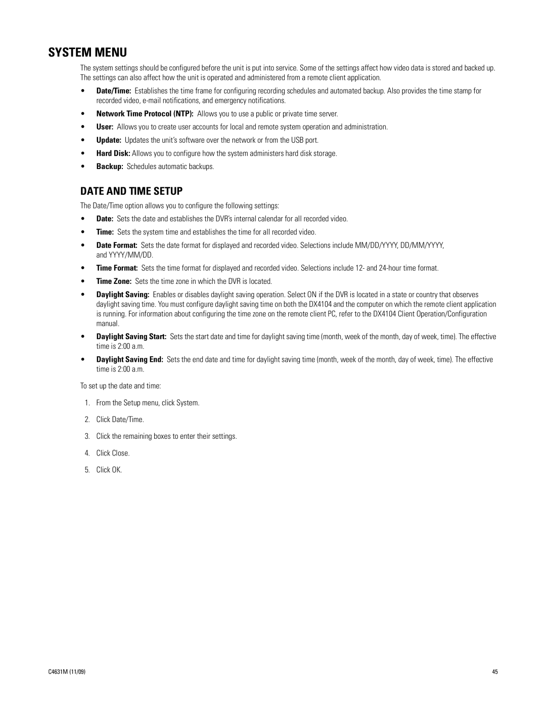 Pelco C4631M manual System Menu, Date and Time Setup 