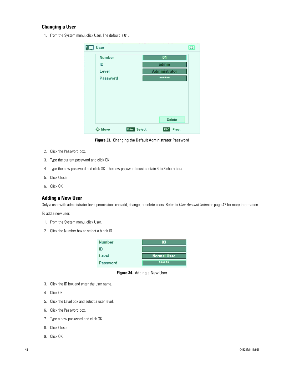 Pelco C4631M manual Changing a User, Adding a New User 