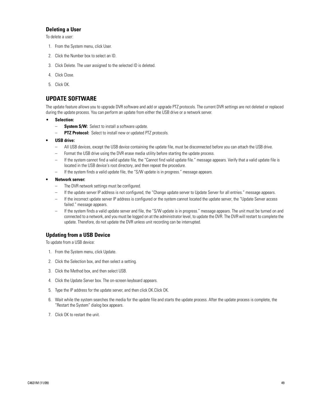 Pelco C4631M manual Update Software, Deleting a User, Updating from a USB Device 