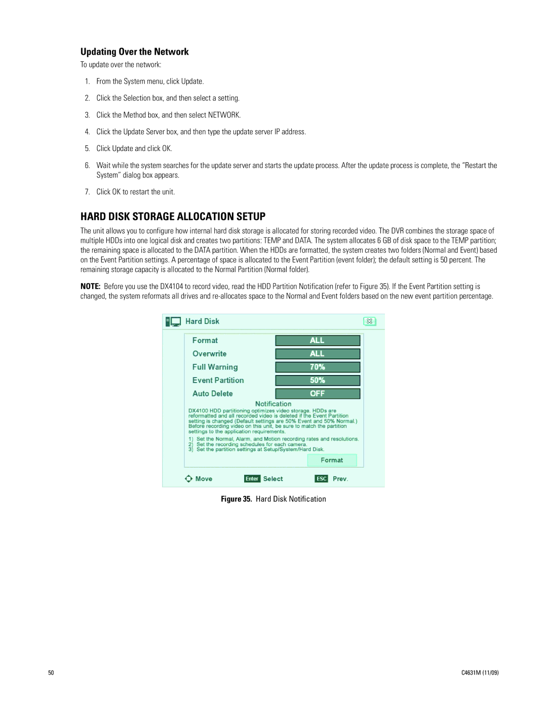 Pelco C4631M manual Hard Disk Storage Allocation Setup, Updating Over the Network 