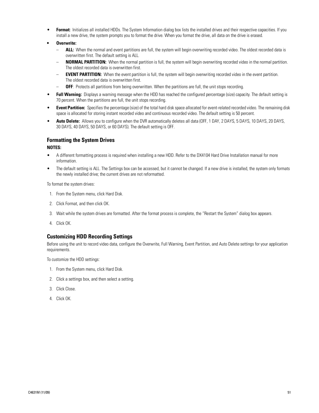 Pelco C4631M manual Formatting the System Drives, Customizing HDD Recording Settings, Overwrite 