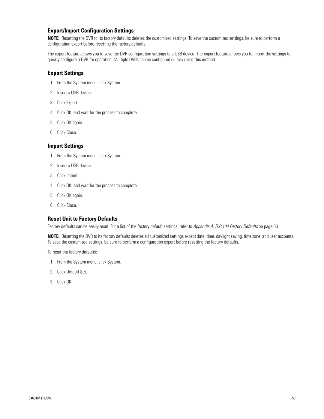 Pelco C4631M manual Export/Import Configuration Settings, Export Settings, Import Settings, Reset Unit to Factory Defaults 