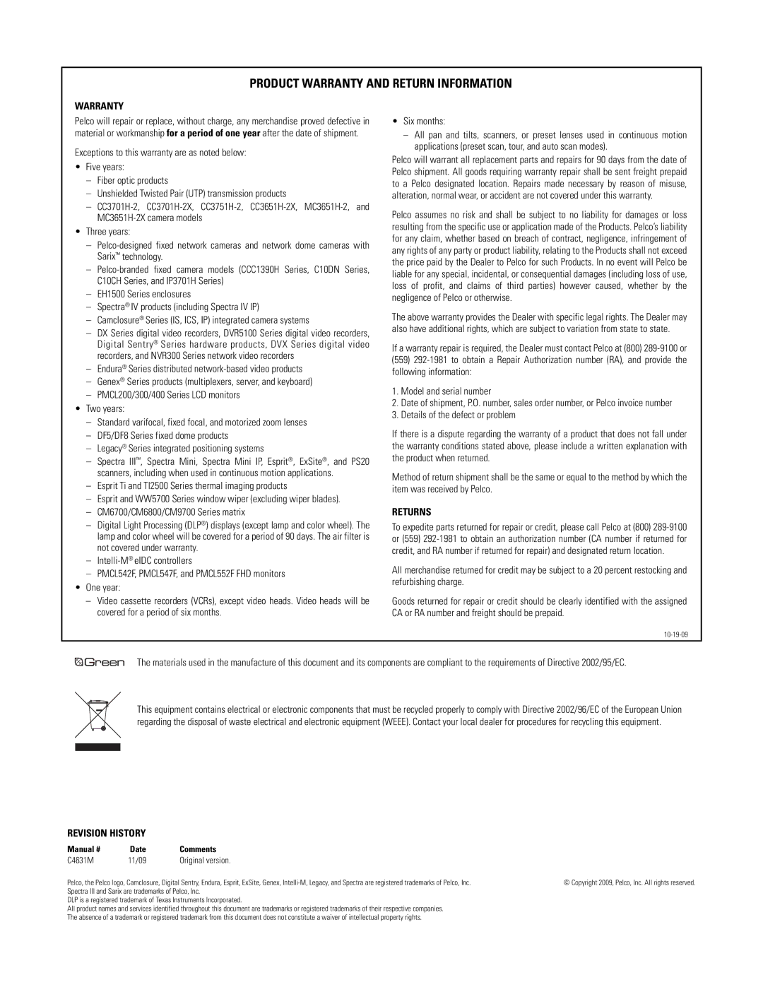 Pelco C4631M manual Product Warranty and Return Information 