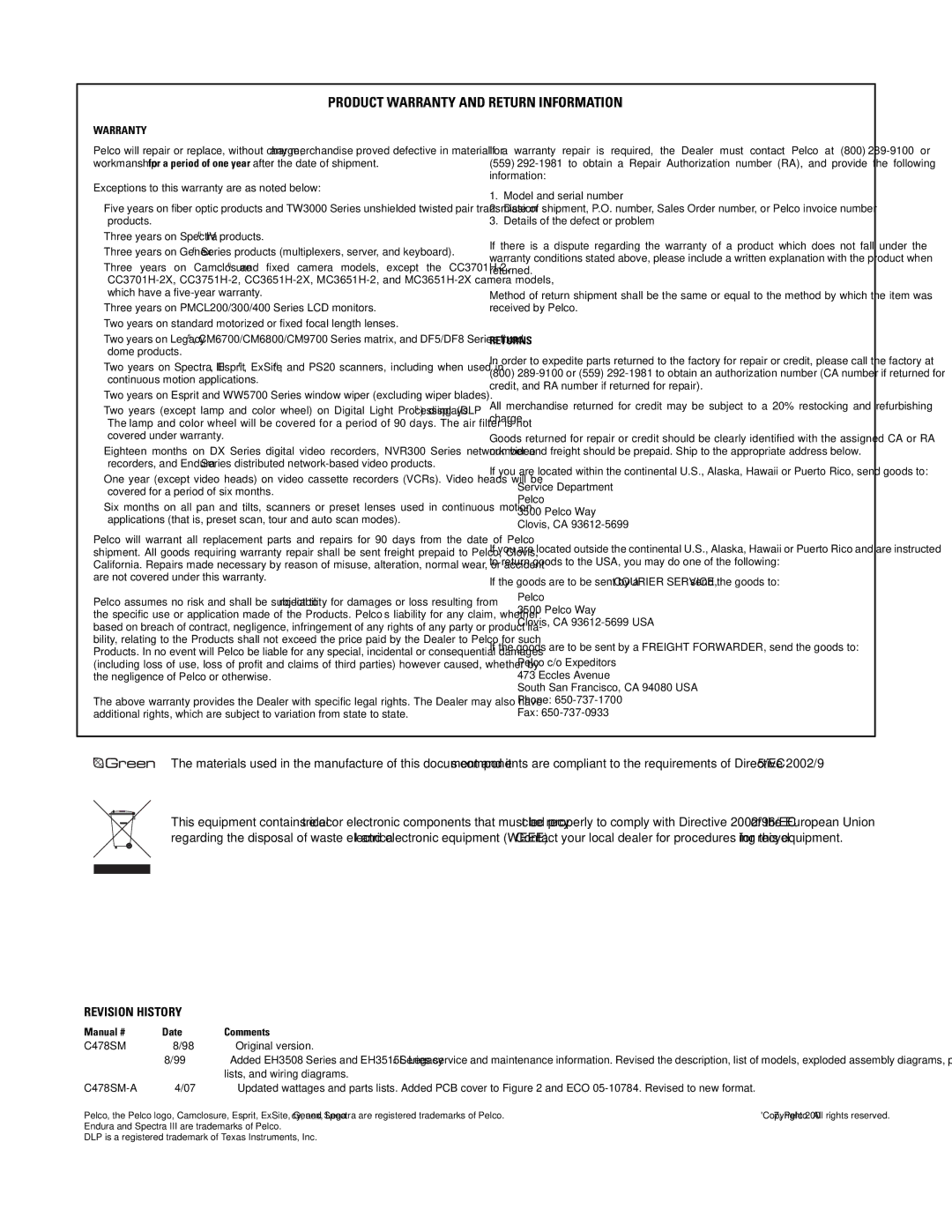 Pelco C478SM-A (4/07) manual Product Warranty and Return Information 