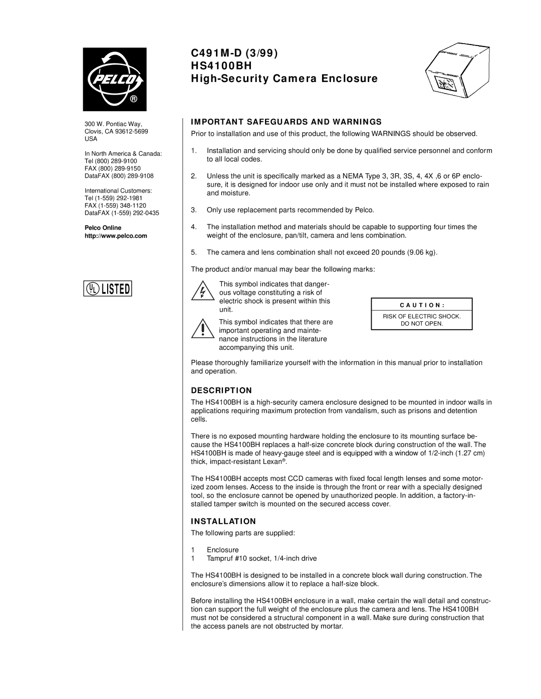 Pelco C491M-D dimensions Important Safeguards and Warnings, Description, Installation 