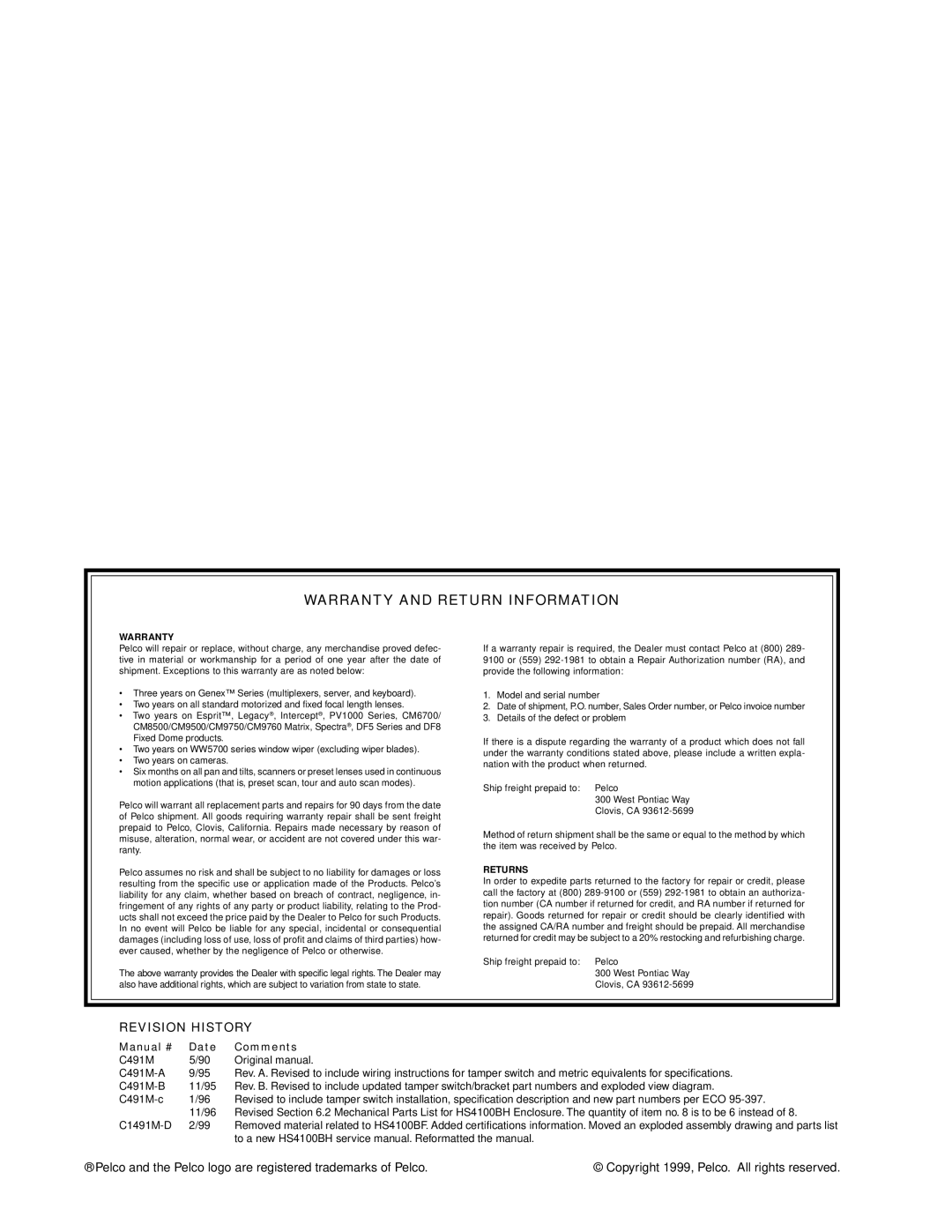 Pelco C491M-D dimensions Warranty and Return Information, Revision History 