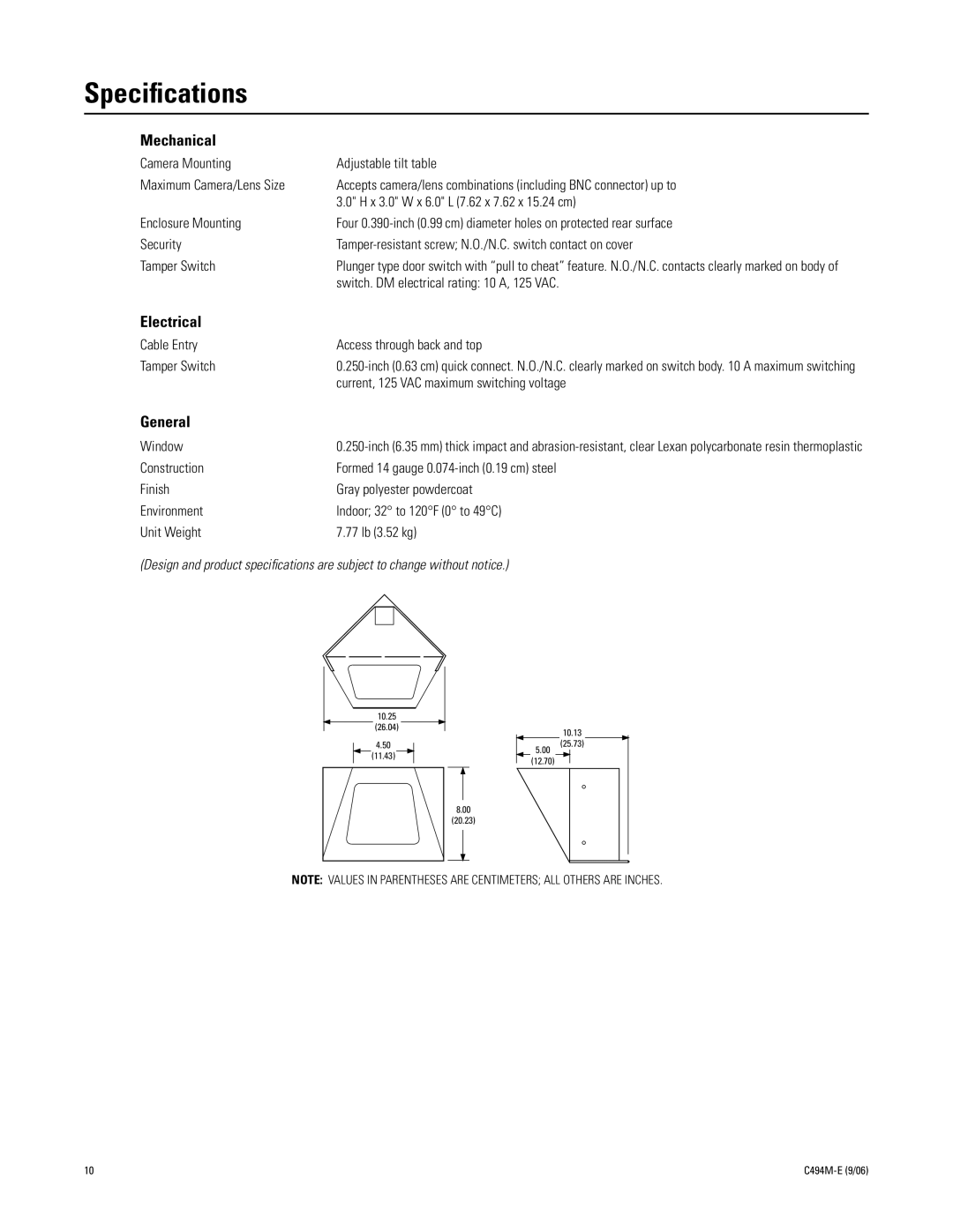 Pelco C494M-E manual Speciﬁcations, Mechanical 