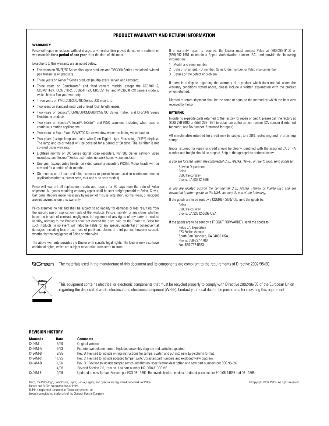 Pelco C494M-E manual Product Warranty and Return Information 