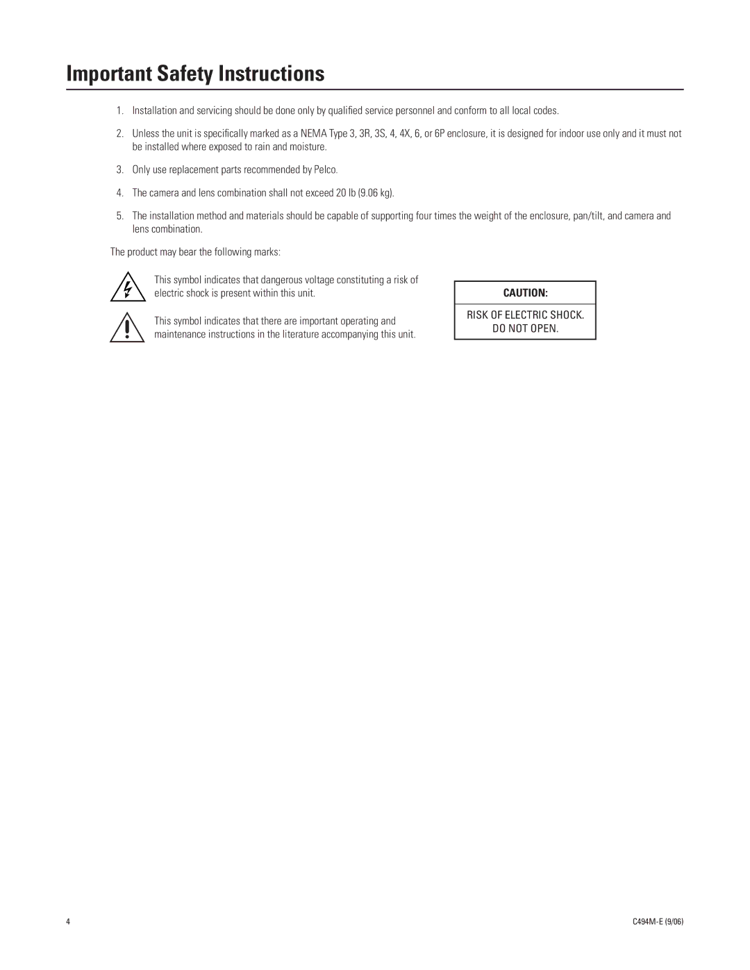 Pelco C494M-E manual Important Safety Instructions 