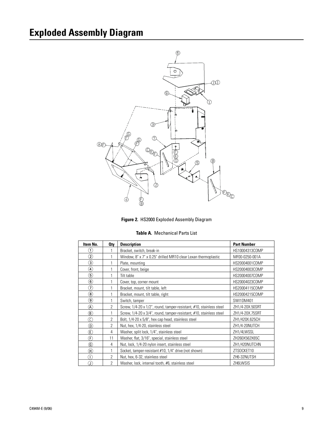 Pelco C494M-E HS2000 Exploded Assembly Diagram, Table A. Mechanical Parts List, Item No, Description, Part Number 