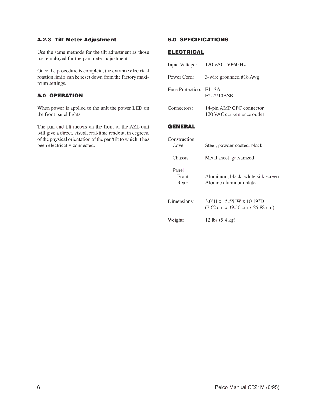 Pelco C521M operation manual Tilt Meter Adjustment, Specifications, Electrical, Operation, General 