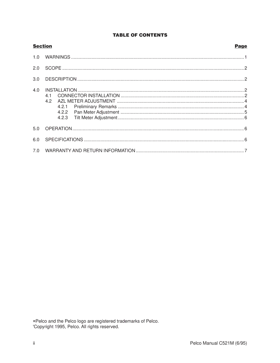 Pelco C521M operation manual Table of Contents 