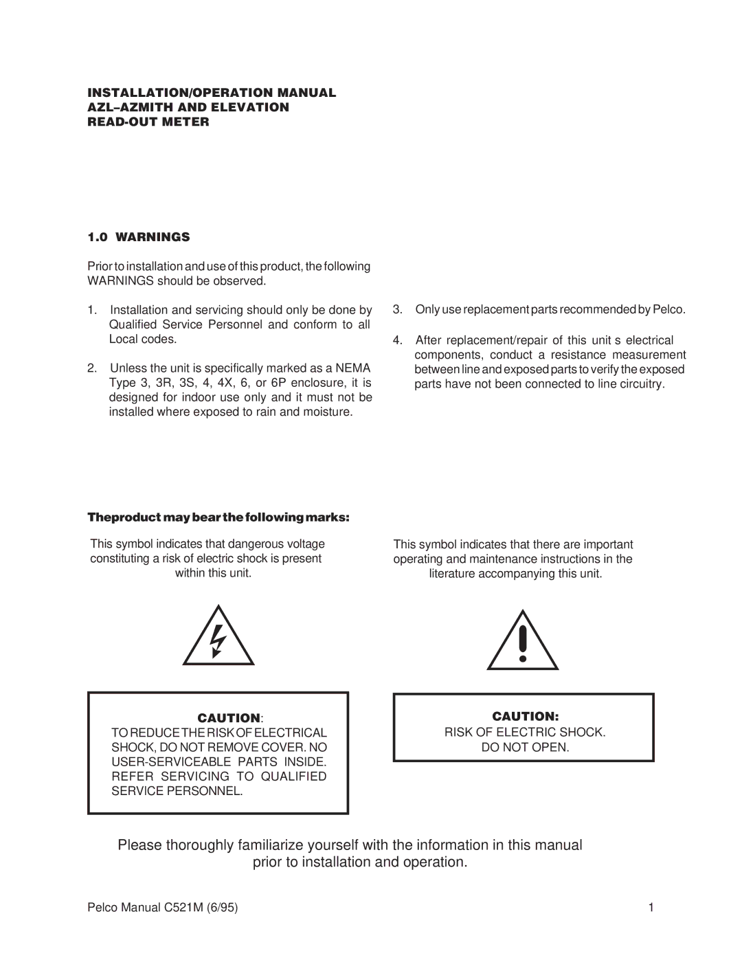 Pelco C521M operation manual Risk of Electric Shock Do not Open 