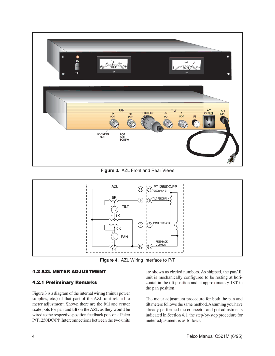 Pelco C521M operation manual AZL Front and Rear Views, AZL Meter Adjustment 4.2.1 Preliminary Remarks 