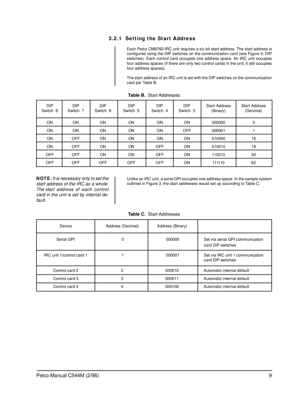 Pelco C538M manual Setting the Start Address, Table B 