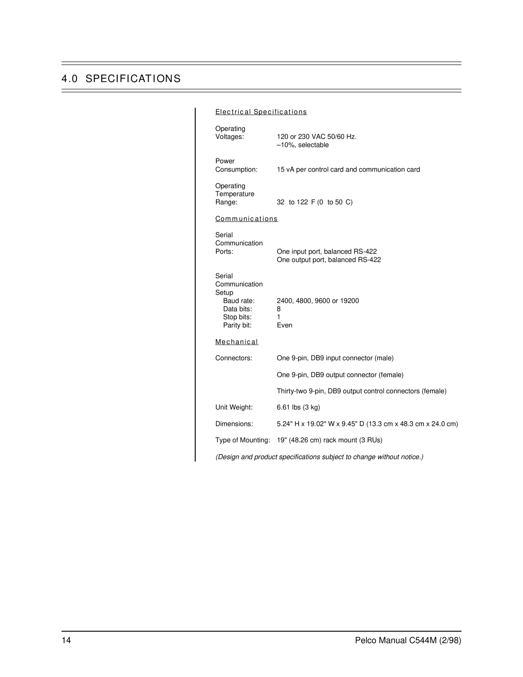 Pelco C538M manual Electrical Specifications 