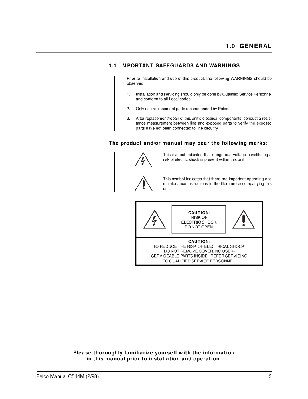 Pelco C538M General, Important Safeguards and Warnings, Product and/or manual may bear the following marks 