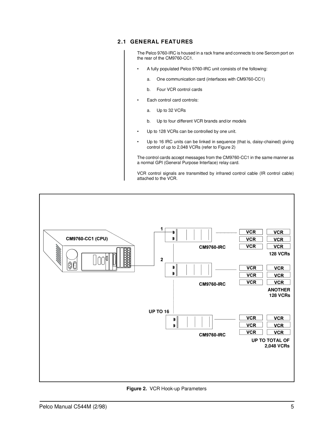 Pelco C538M manual General Features, VCR Hook-up Parameters 