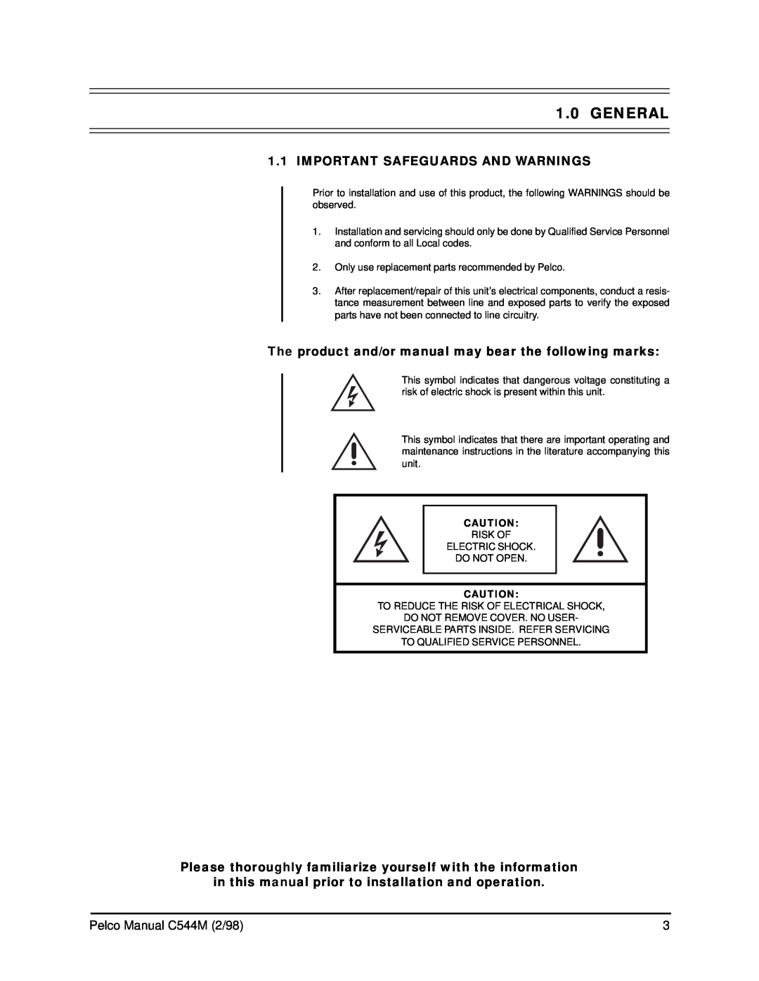 Pelco C538M manual General, Important Safeguards And Warnings, Pelco Manual C544M 2/98 