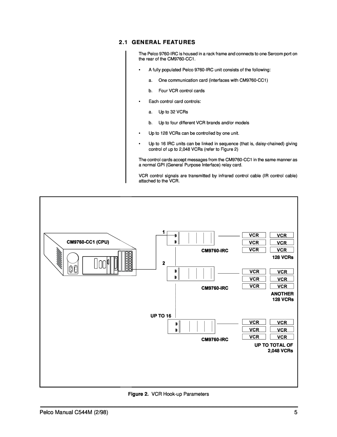 Pelco C538M manual General Features, Pelco Manual C544M 2/98, VCR Hook-upParameters 