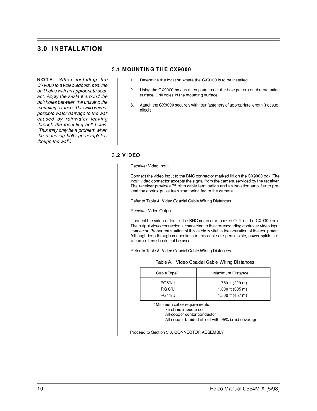 Pelco C554M-A (5/98) operation manual Installation, Mounting the CX9000, Video 