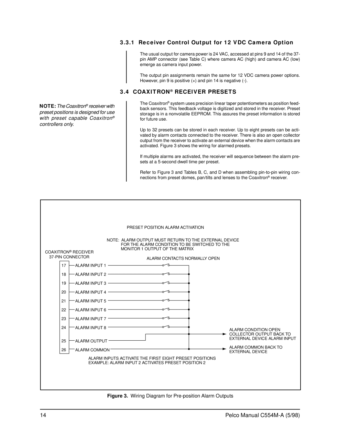 Pelco C554M-A (5/98) operation manual Receiver Control Output for 12 VDC Camera Option, Coaxitron Receiver Presets 