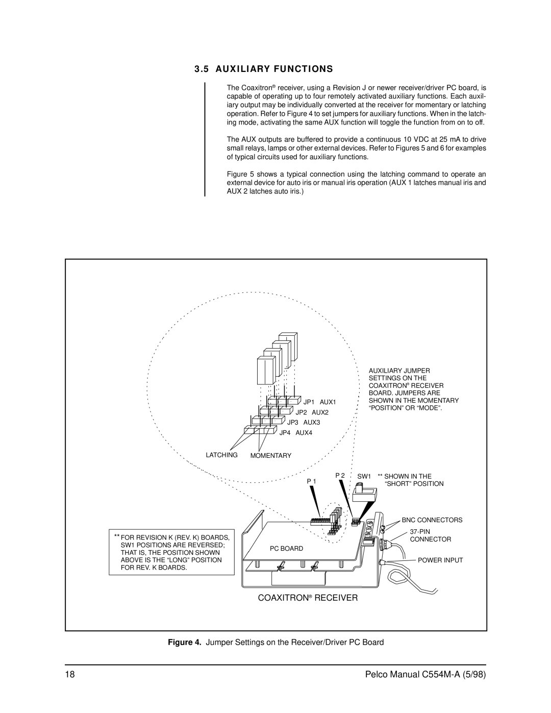 Pelco C554M-A (5/98) operation manual Auxiliary Functions, Coaxitron Receiver 