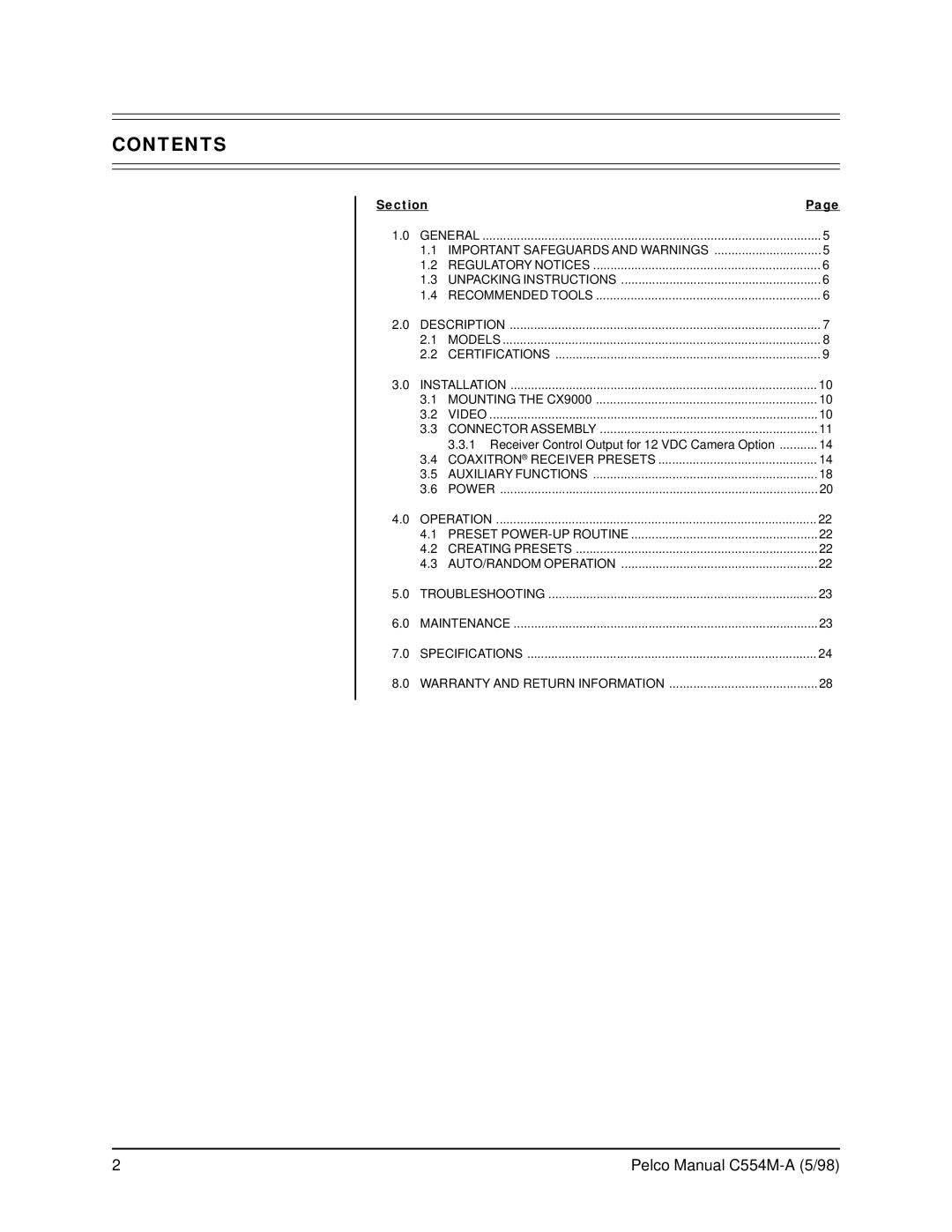 Pelco C554M-A (5/98) operation manual Contents 