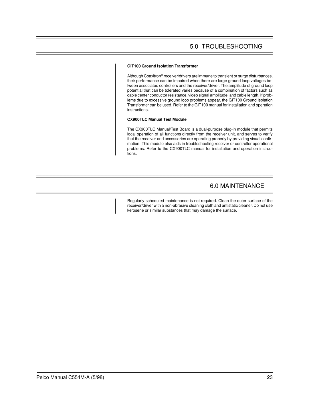 Pelco C554M-A (5/98) Troubleshooting, Maintenance, GIT100 Ground Isolation Transformer, CX900TLC Manual Test Module 