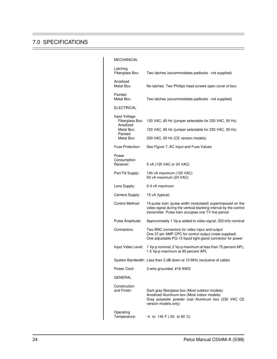 Pelco C554M-A (5/98) operation manual Specifications, Mechanical 