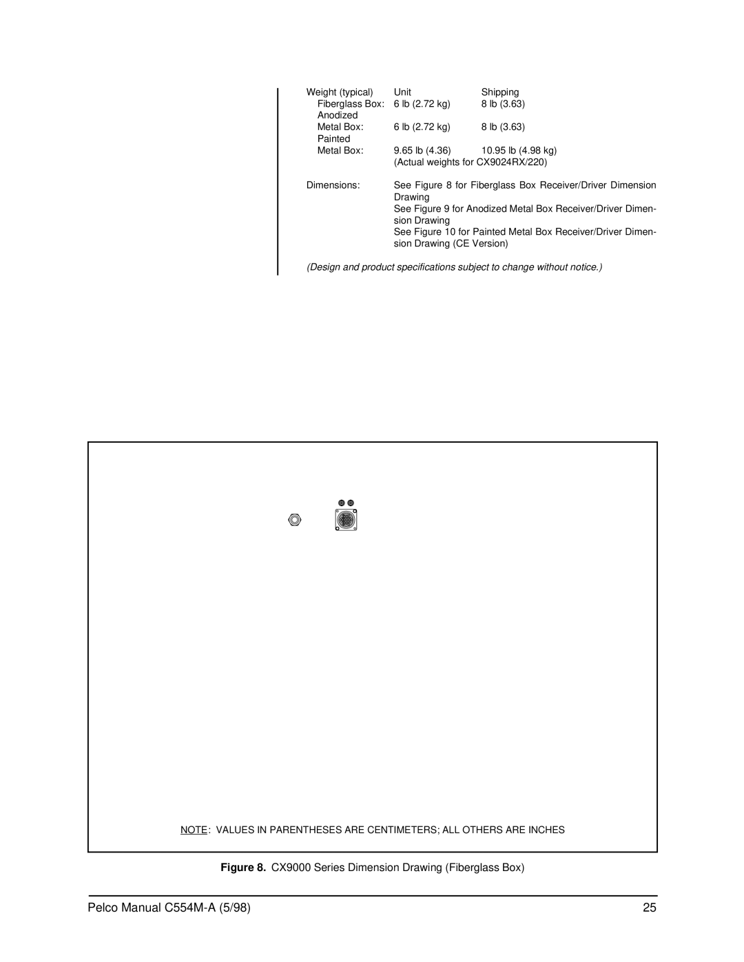 Pelco C554M-A (5/98) operation manual CX9000 Series Dimension Drawing Fiberglass Box 