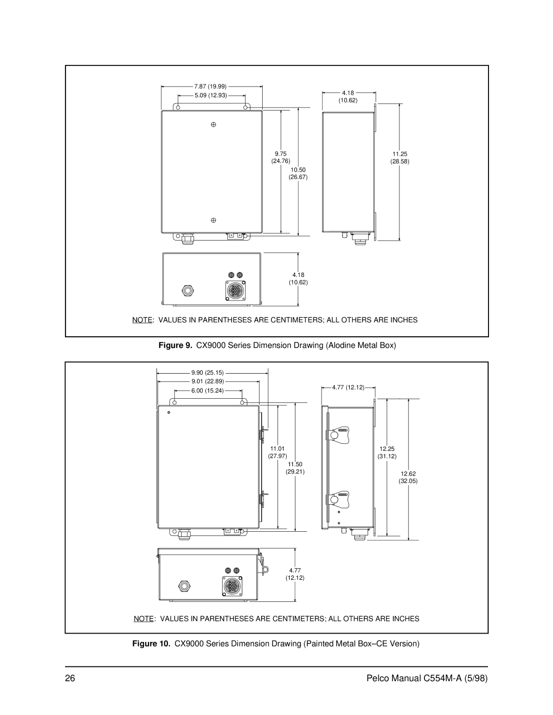 Pelco C554M-A (5/98) operation manual CX9000 Series Dimension Drawing Alodine Metal Box 