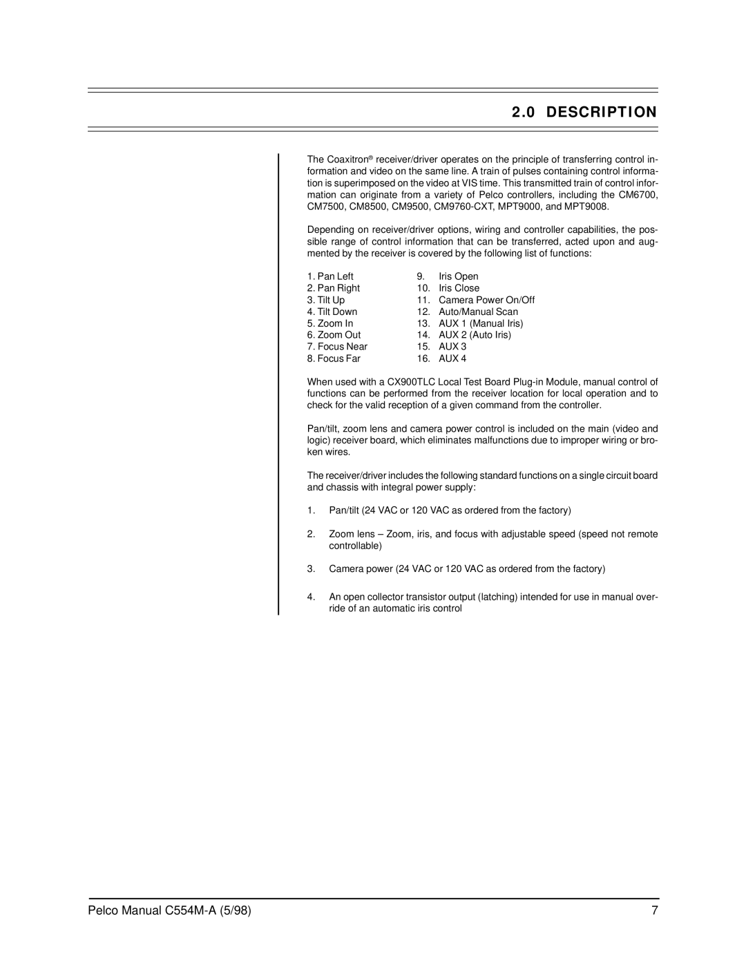 Pelco C554M-A (5/98) operation manual Description 