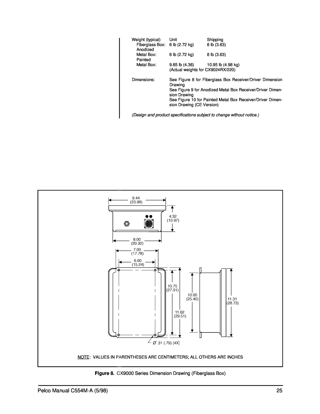 Pelco C554M-A (5/98) operation manual Pelco Manual C554M-A 5/98, CX9000 Series Dimension Drawing Fiberglass Box 