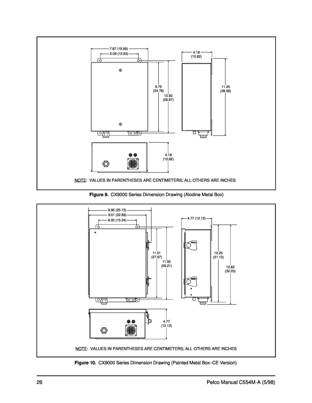 Pelco C554M-A (5/98) operation manual Pelco Manual C554M-A 5/98, CX9000 Series Dimension Drawing Alodine Metal Box 