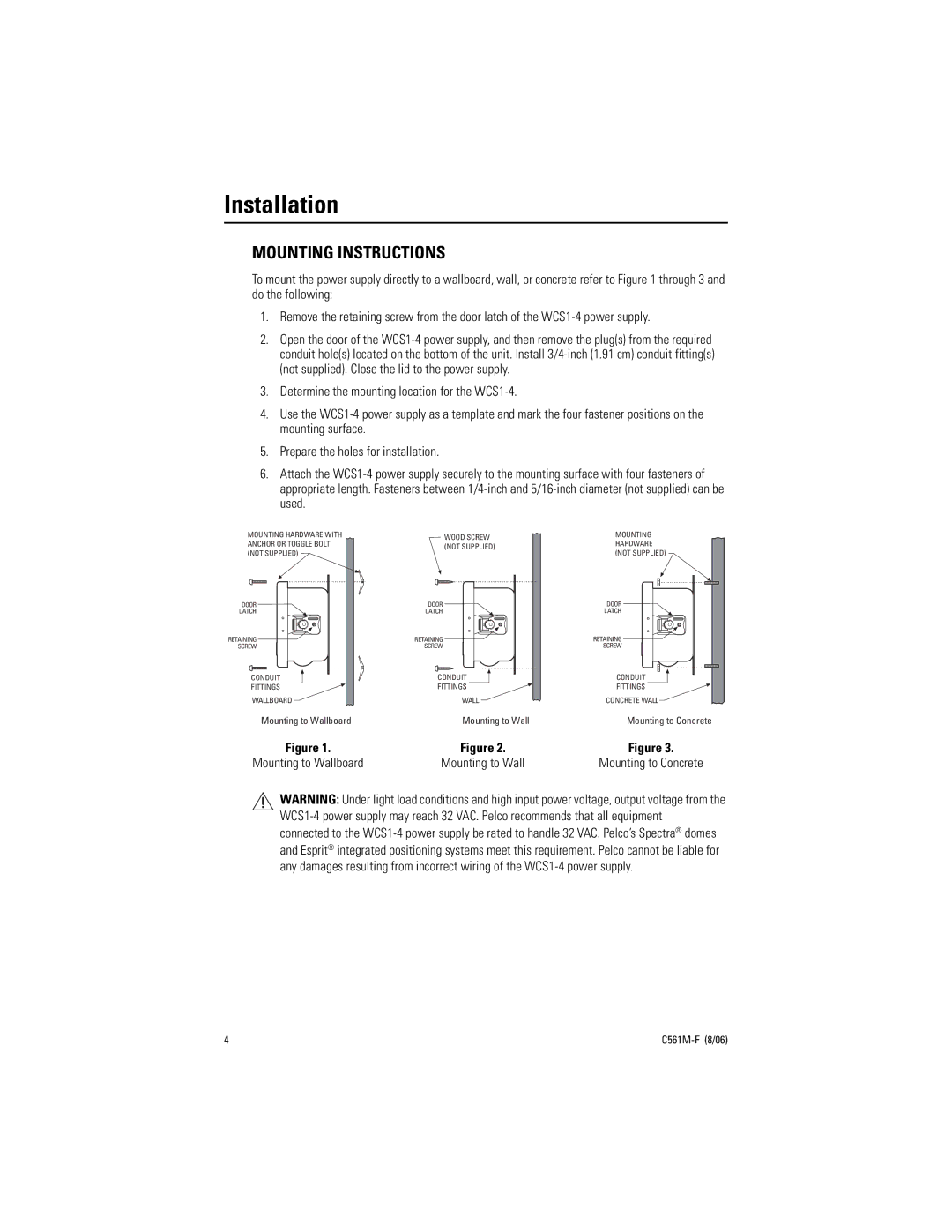 Pelco C561M-F manual Installation, Mounting Instructions 