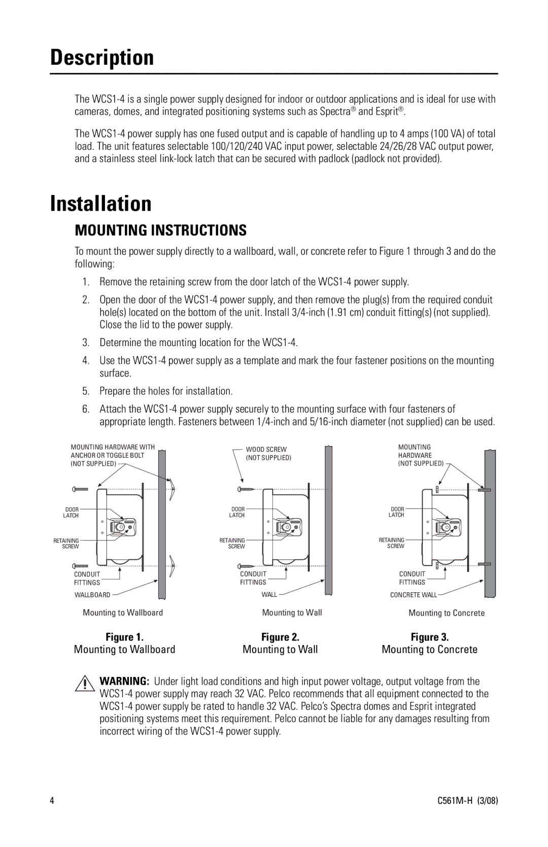 Pelco c561m-h manual Description, Installation, Mounting Instructions 