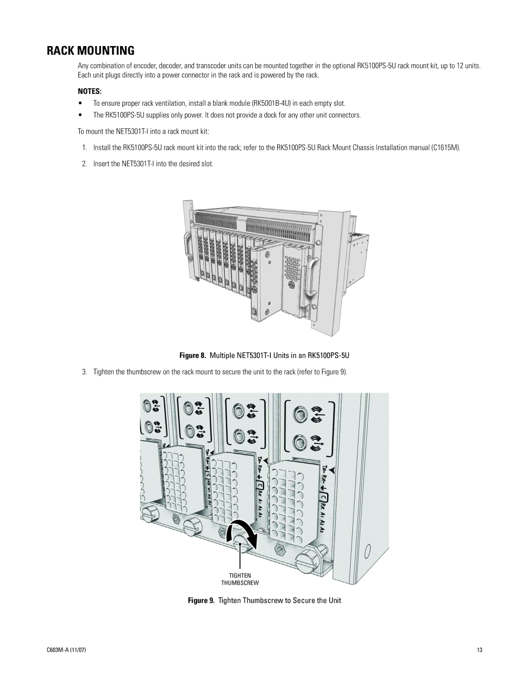 Pelco C603M-A (11/07) manual Rack Mounting, Tighten Thumbscrew to Secure the Unit 