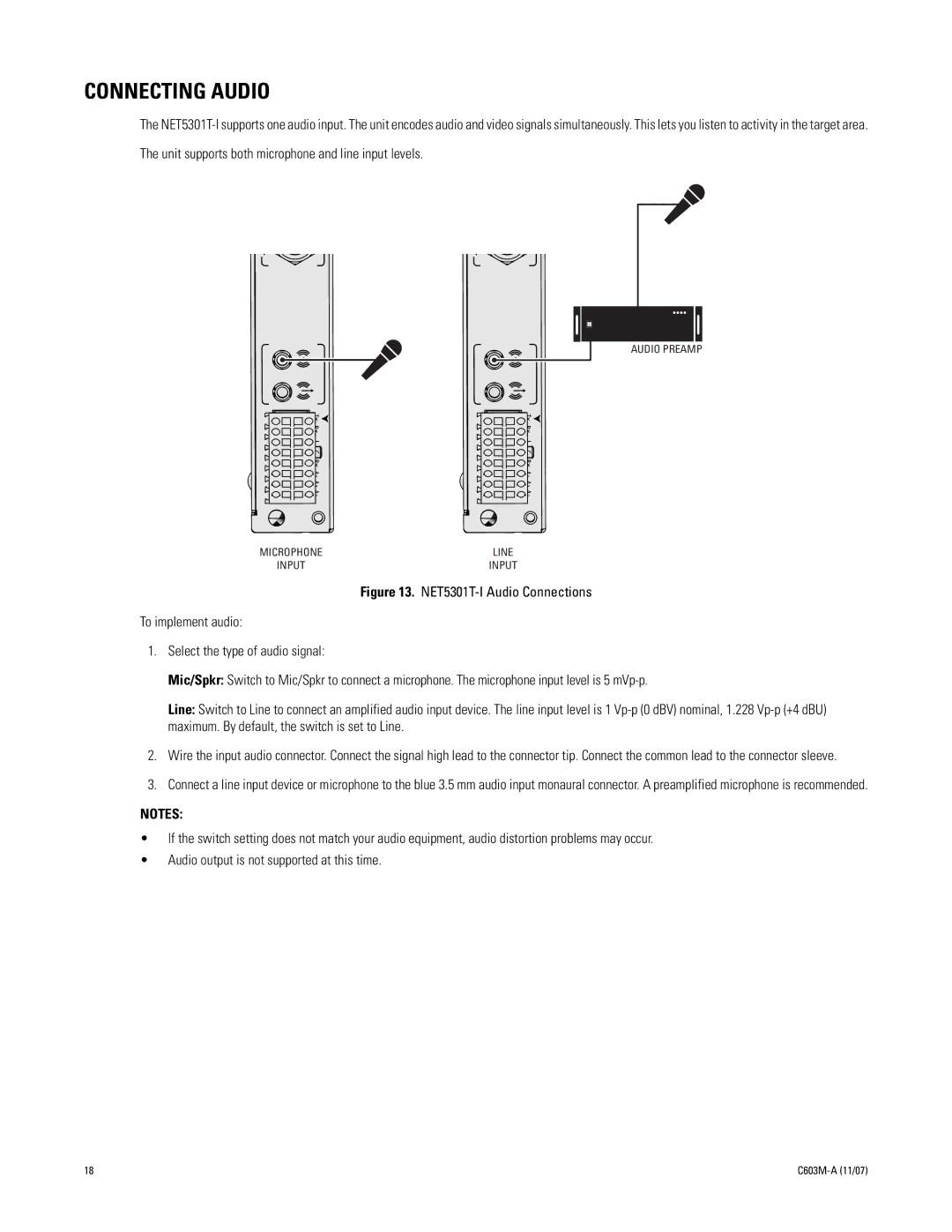 Pelco C603M-A (11/07) manual Connecting Audio, NET5301T-I Audio Connections 